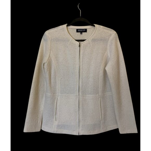 Jones New York Petite Winter White Merino Wool Jacket Sweater Zip Front PL 12P - Picture 2 of 12